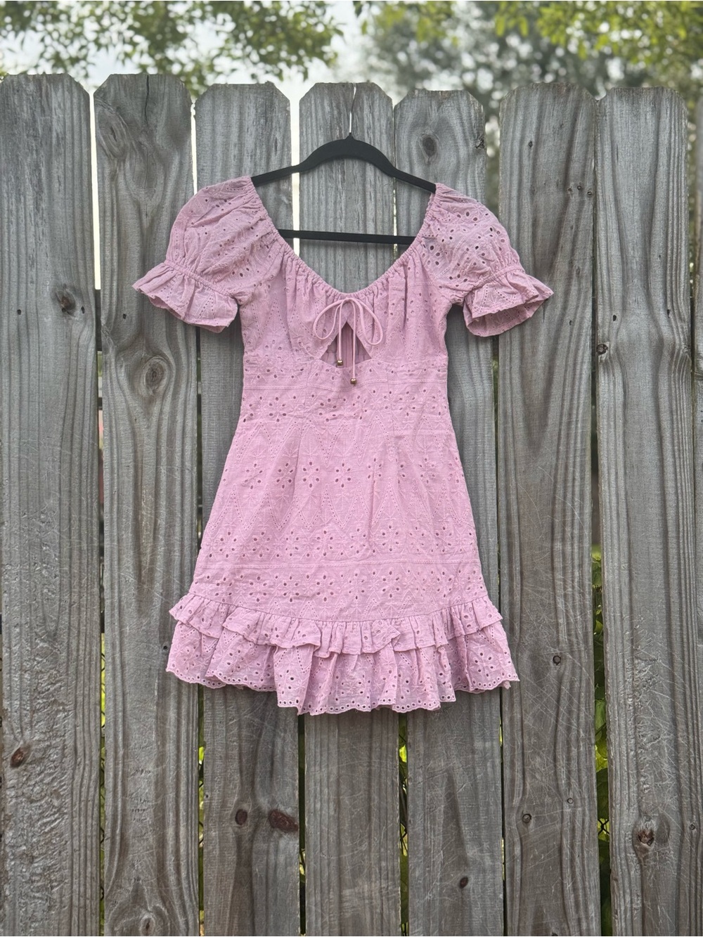 Indikah cottagecore mauve pink eyelet lace mini dress XS